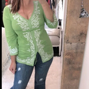 Michael Kors green embroidered tunic top size medium